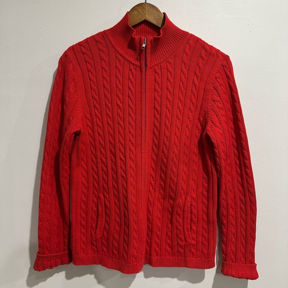 ASTON Vintage Red Hand Frame Knit 100% Cotton Zip Up Sweater‎ Size M